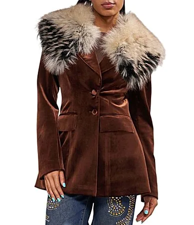 Elaris-Chocolate Velvet Oversize Collar Faux Fur Trim Button Front Blazer by Azalea Wang