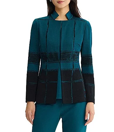 Wrinkle-Resistant Two-Tone Flat Knit Colorblock Inverted Notch Collar Long Sleeve Jacket