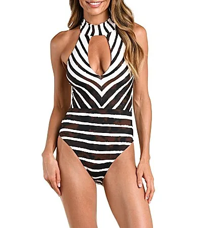 Driftwood Graduated Stripe Plunge Neck Back Slash High Neck One Piece Swimsuit by La Blanca