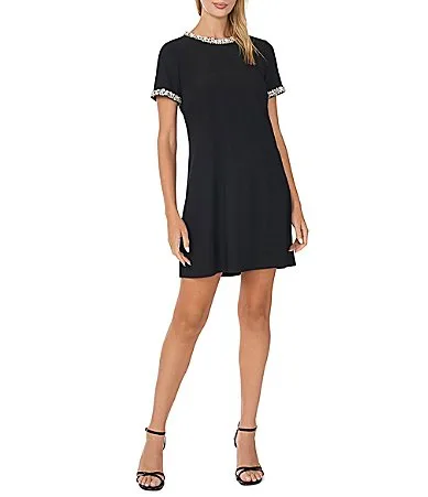 Short Sleeve Embellished Trim Knit Shift Dress by CeCe