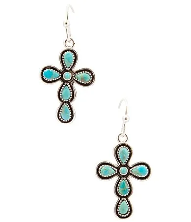 Sacred Sky Silver and Genuine Turquoise Cross Drop Earrings by Barse
