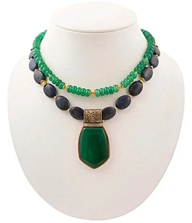 Midnight Garden Golden Lapis and Green Onyx Beaded Statement Necklace by Barse
