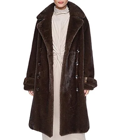 Faux Fur Notch Collar Wrap Belted Oversized Maxi Coat by Halston