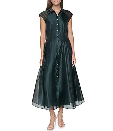 Organza Cap Sleeve Button Front Midi Dress by Halston
