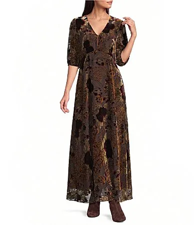 Burnout Velvet Floral Print V-Neck Elbow-Length Sleeve Midi Dress by Johnny Was