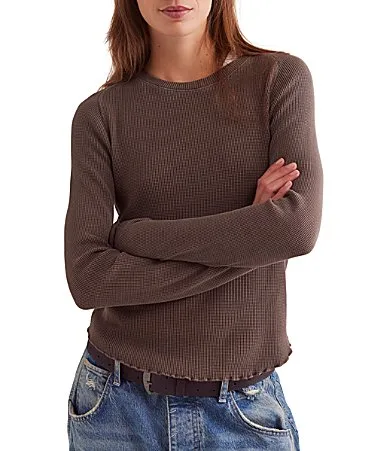 We the Free Easy Does It Waffle Knit Crew Neck Long Sleeve Tee Shirt by Free People