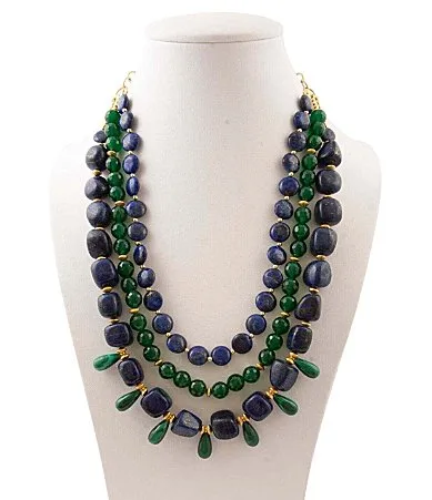 Midnight Garden Golden Lapis and Green Onyx Long Multi-Strand Necklace by Barse