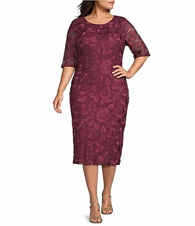 Soutache Mesh Elbow Sleeve Midi Dress by Oleg Cassini