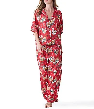 Holiday Hens Print 3/4 Sleeve Notch Collar Eco Satin Long Pajama Set by Printfresh