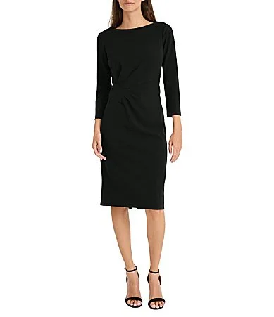 Stretch Boat Neck 3/4 Sleeve Pleated Knot Waist Detailed Sheath Dress by Maggy London