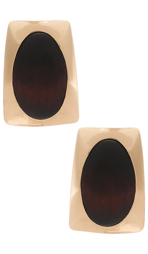 Rich Brown Center Dramed by Sleek Gold-Tone Metal Earrings