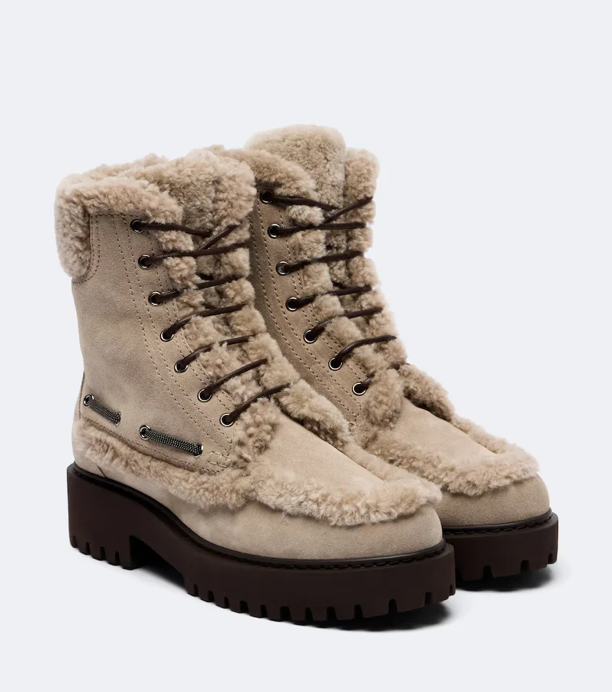 Monili Shearing-Lined Suede Lace-Up Boots by Brunello Cucinelli