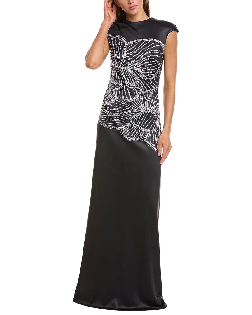 Beaded Floral Column Gown by Rene Ruiz