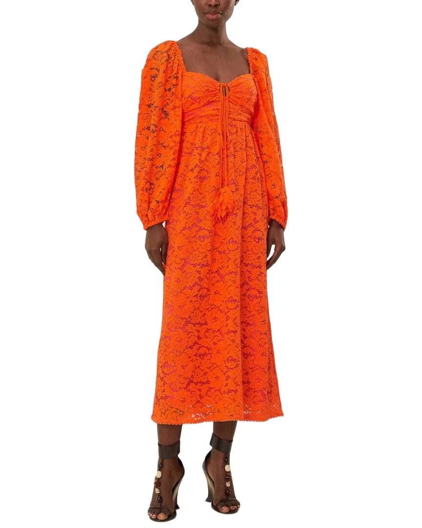 Orange Lace Long Sleeve Midi Dress by FARM Rio