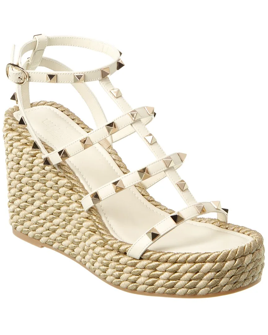 Rockstud Caged 95 Rope & Leather Wedge Sandal by Valentino