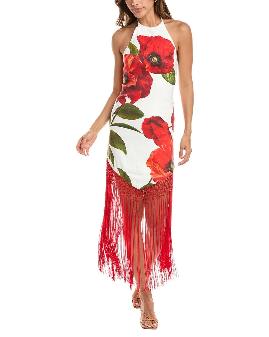Mallory Halter Neck Fringe Hem Linen-Blend Midi Dress by Alice + Olivia