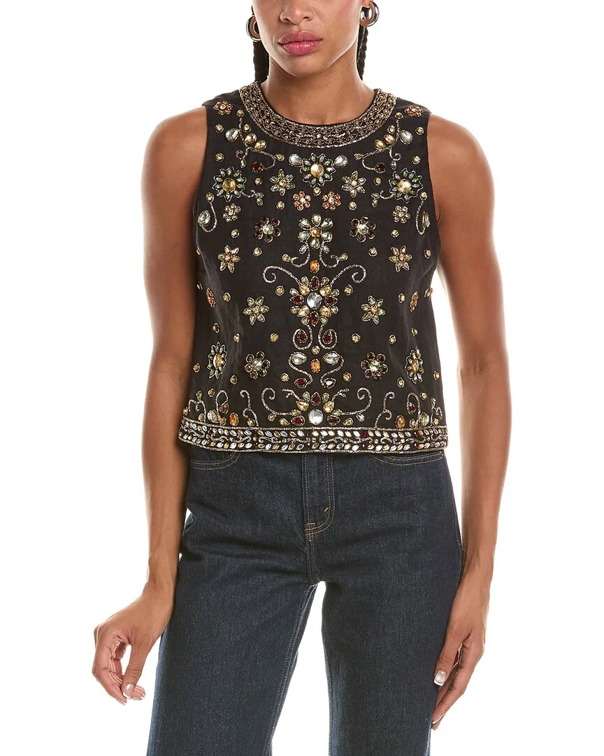 Amal Embellished Linen Boxy Tank Top by Alice + Olivia