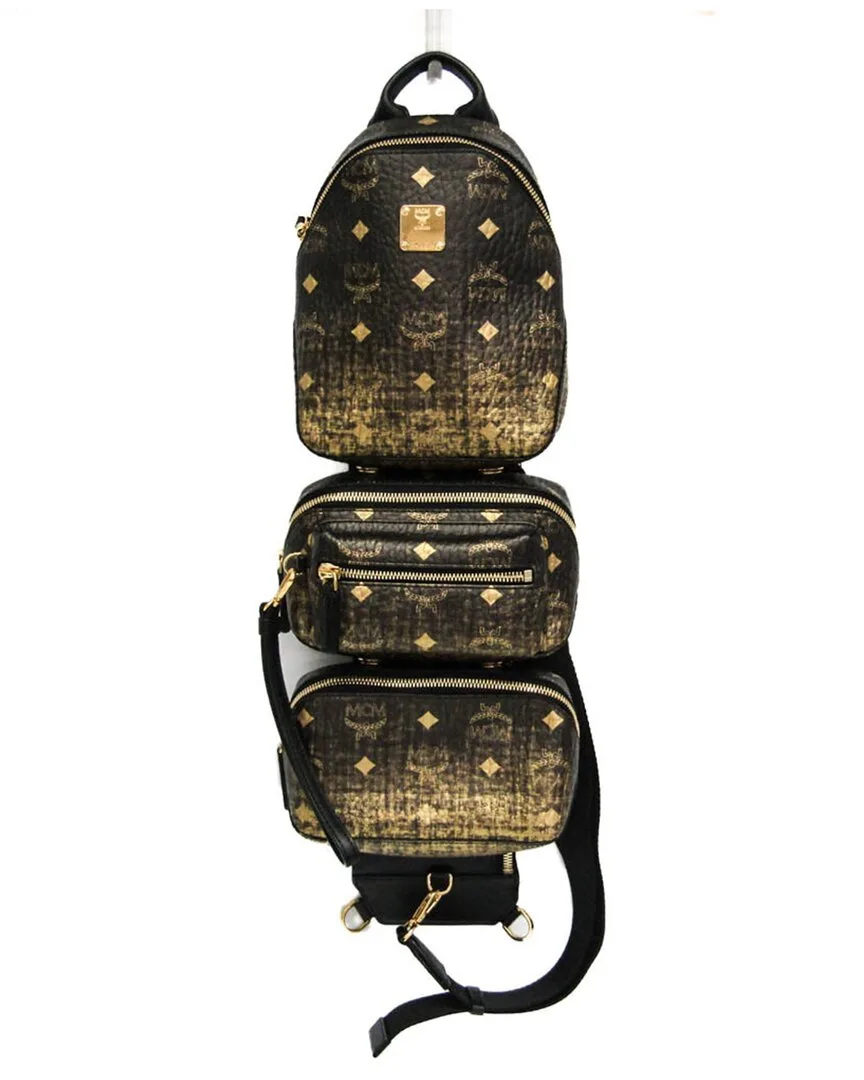 Black & Gold Coated Canvas & Leather Shoulder Bag (authentic Pre-Loved) by Mcm