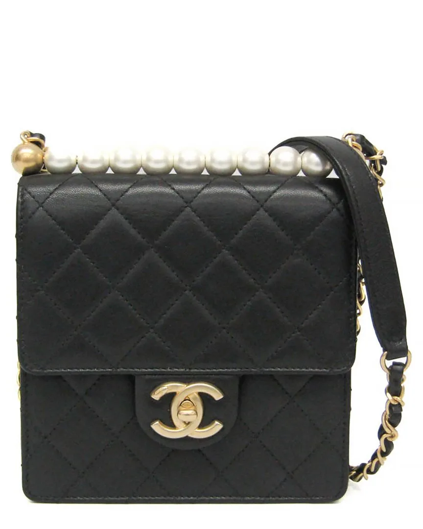 Black Leather & Artificial Pearl Matelasse Shoulder Bag (authentic Pre-Loved) by CHANEL