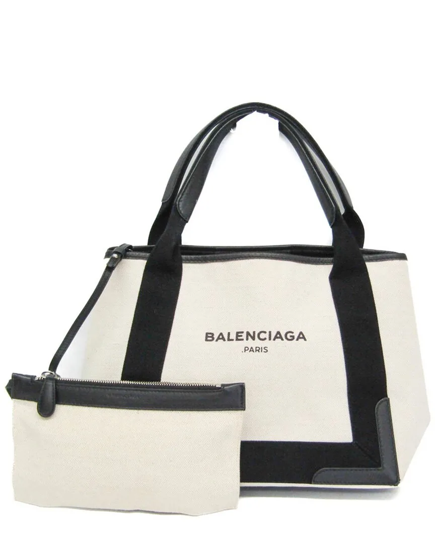 Black & Off-White Canvas & Leather Navy Cabas Handbag (authentic Pre-Loved) by Balenciaga