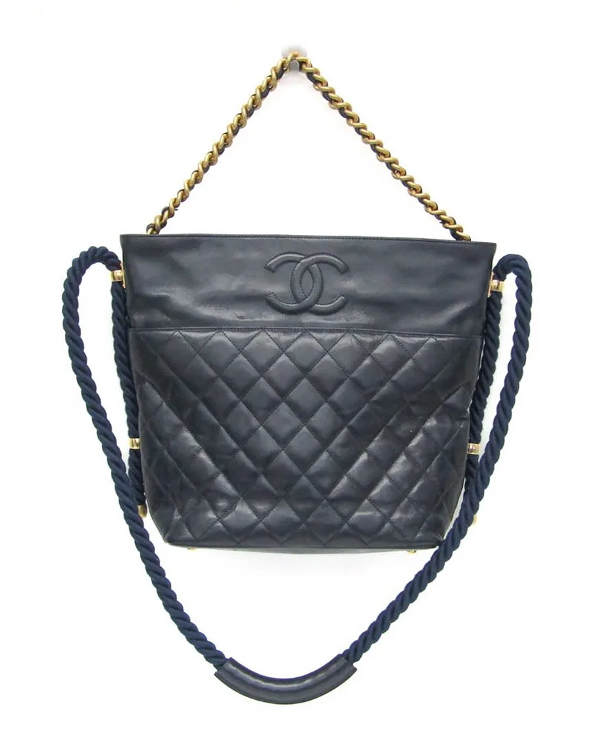 Navy Leather Matelasse Shoulder Bag (authentic Pre-Loved) by CHANEL