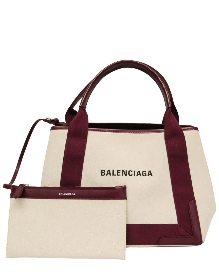 Bordeaux & Off-White Canvas & Leather Navy Cabas Handbag (authentic Pre-Loved) by Balenciaga