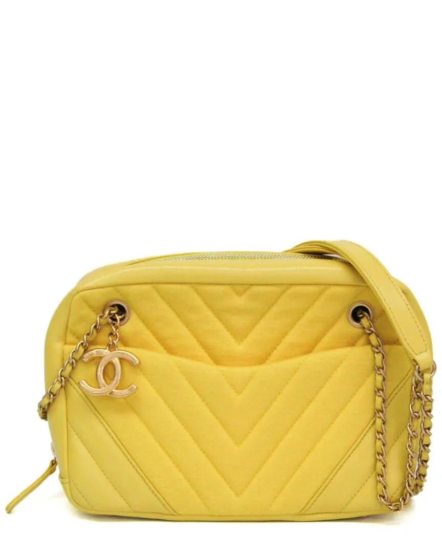 Yellow Leather & Cotton Chevron V-Stitch Shoulder Bag (authentic Pre-Loved) by CHANEL