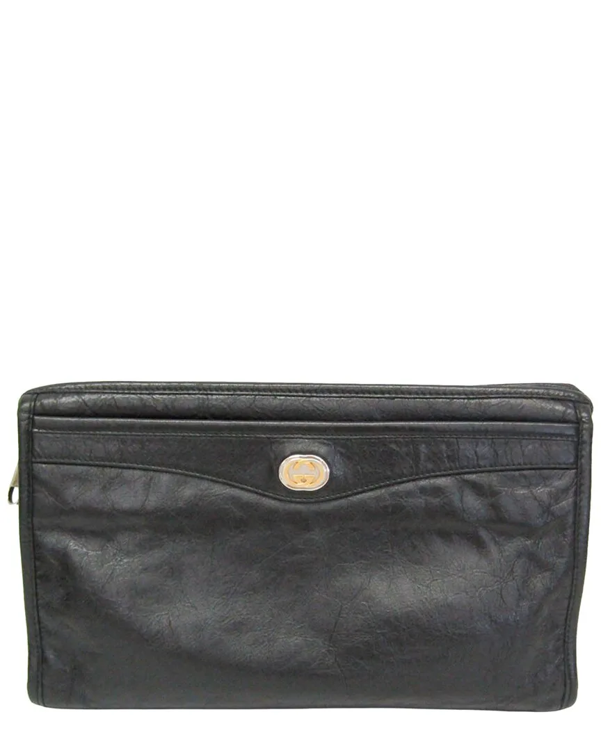 Black Leather Interlocking Clutch (authentic Pre-Loved) by Gucci