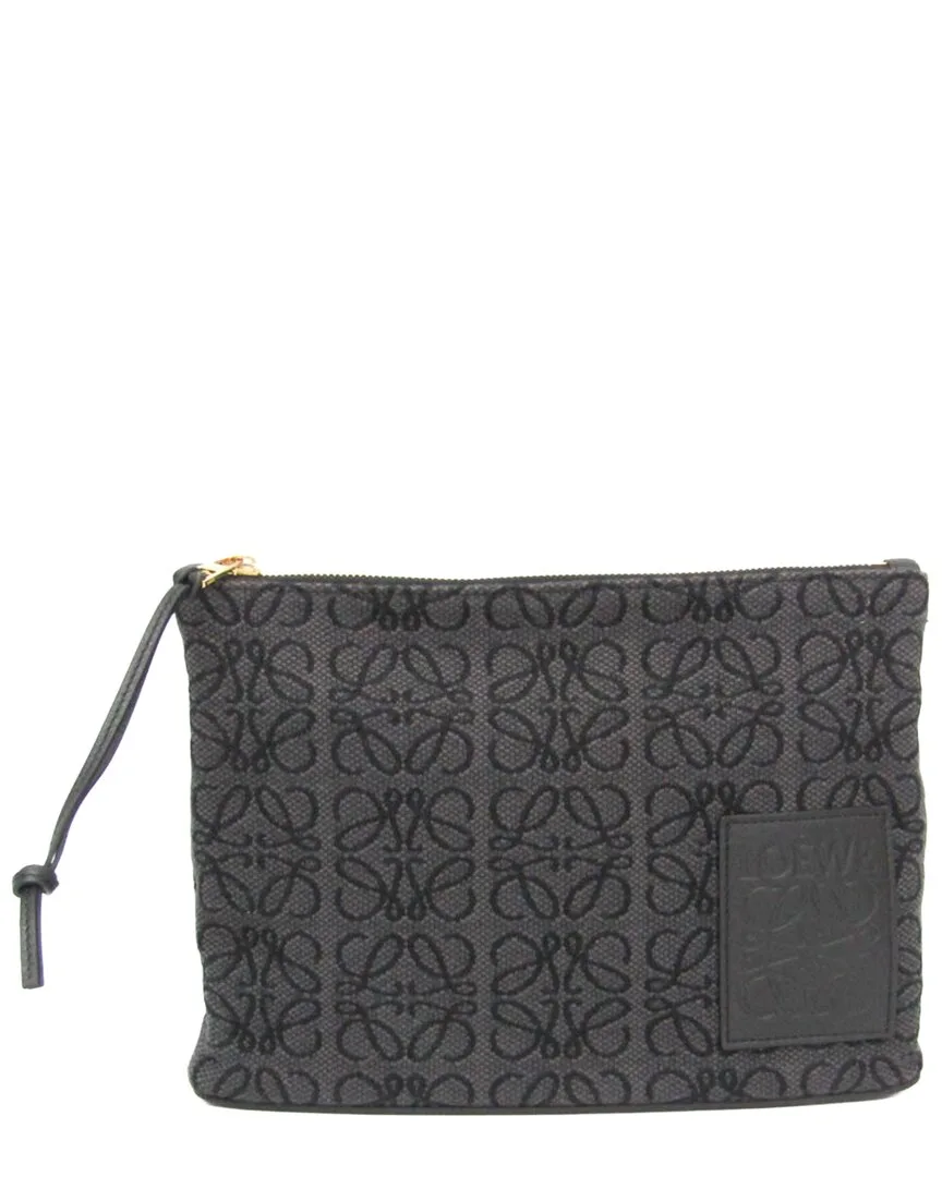 Black Cotton & Leather Anagram Oblong Clutch (authentic Pre-Loved)