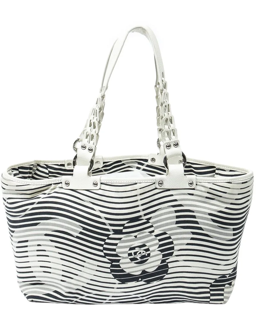 Ivory/Black Camellia Stripe Canvas Camellia Flower Beach Tote (authentic Pre-Loved) by CHANEL