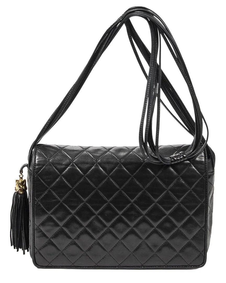 Black Quilted Lambskin Leather Medium Full Flap Tassel Bag (authentic Pre-Loved) by CHANEL