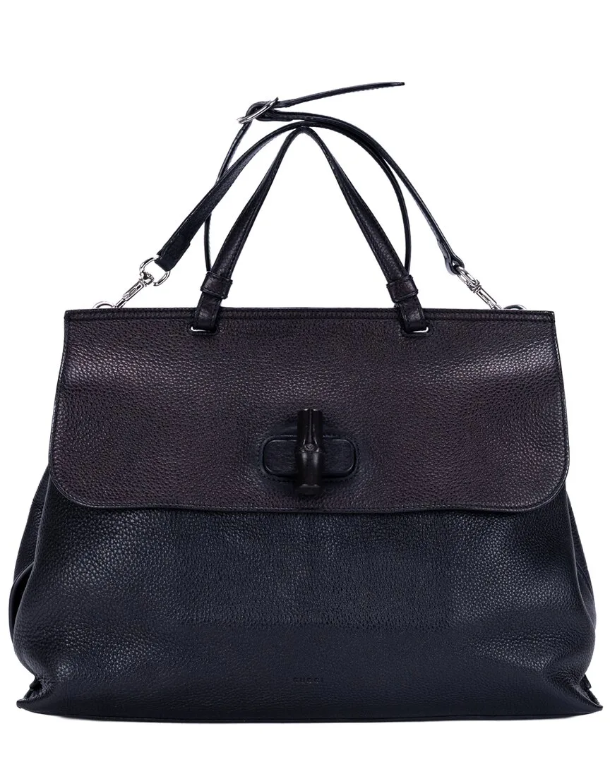Black Grained Calfskin Leather Bamboo Daily Top Handle (authentic Pre-Loved) by Gucci