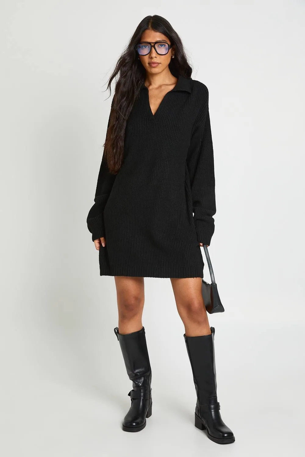 Collar Detail Oversized Rugby Knitted Mini Dress by boohoo