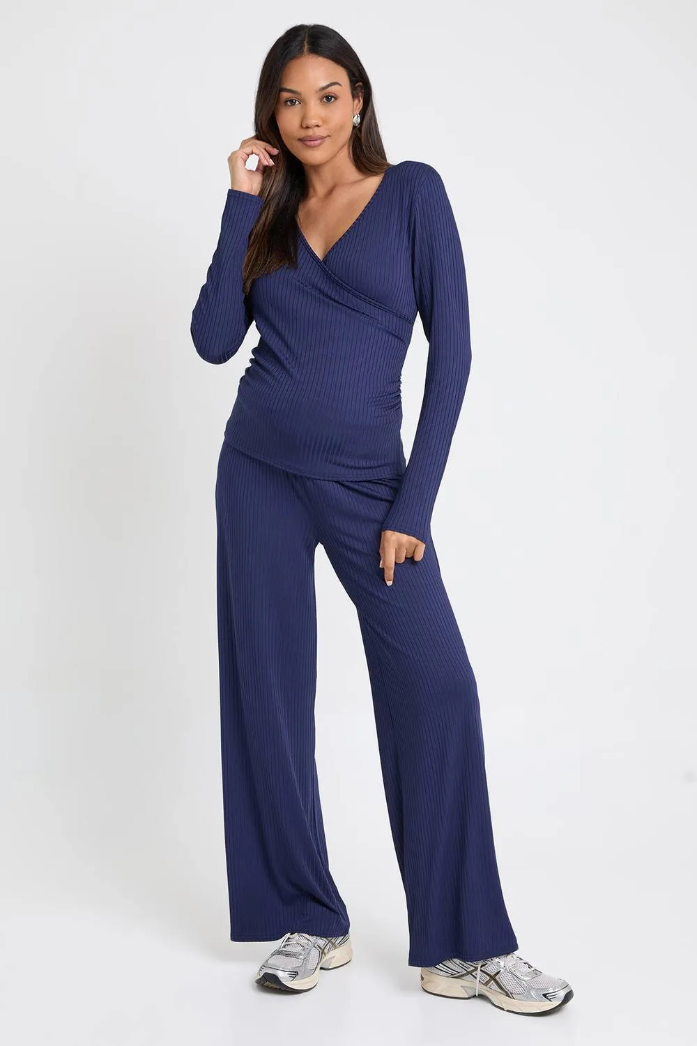 Maternity Soft Rib Wrap Top Long Sleeve & Trouser Lounge Set by boohoo