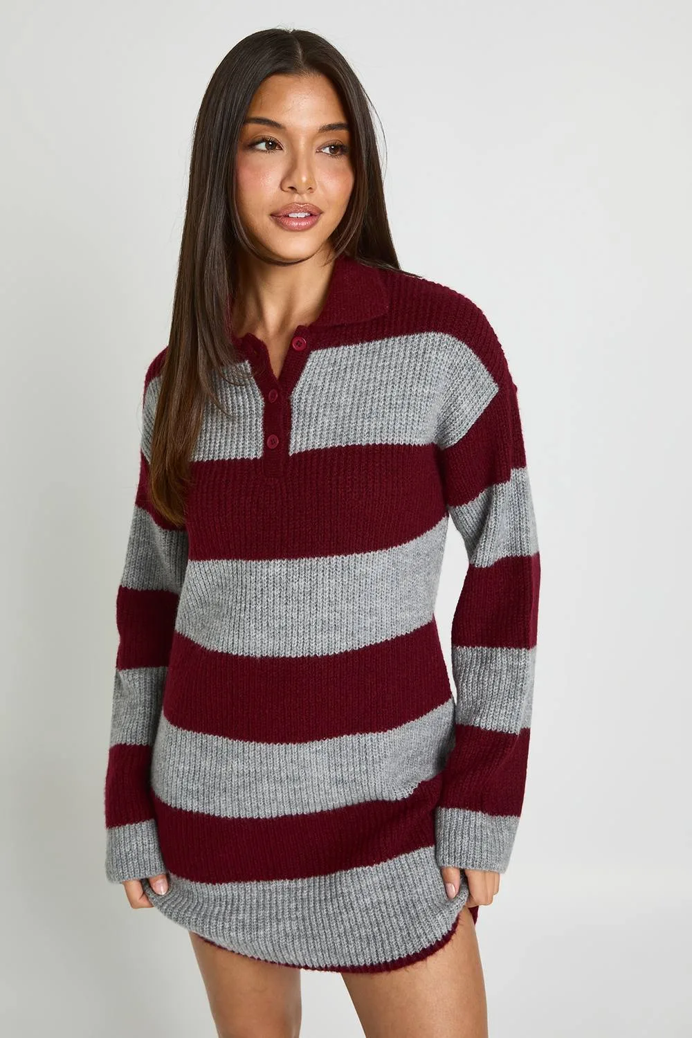 Collar Detail Stripe Oversized Rugby Knitted Mini Dress by boohoo