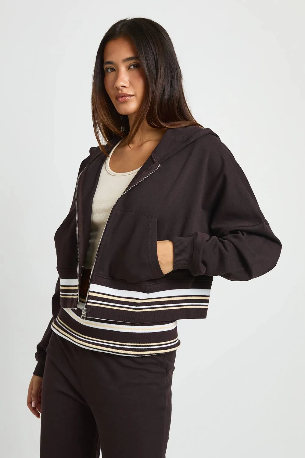 Stripe Hem Boxy Crop Zip Through Hoodie by boohoo