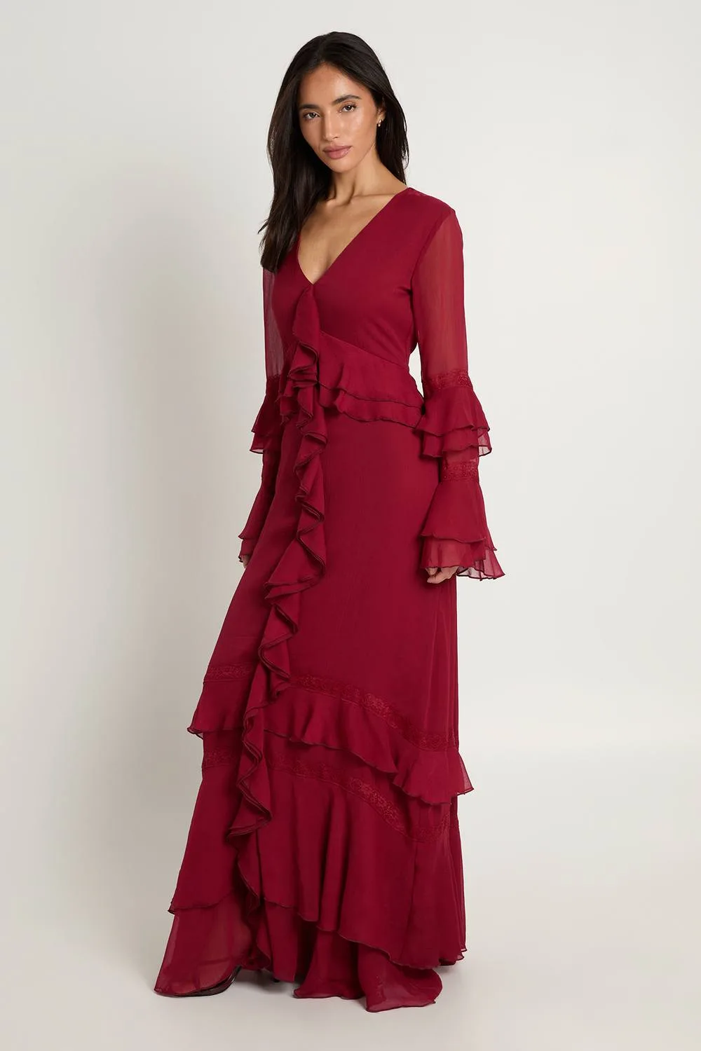 Chiffon Ruffle Lace Trim Detail Maxi Dress