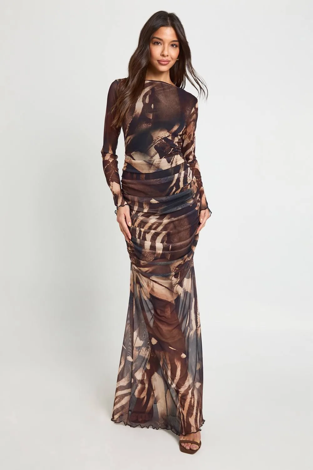 Tonal Print Ruched Mesh Maxi Dress