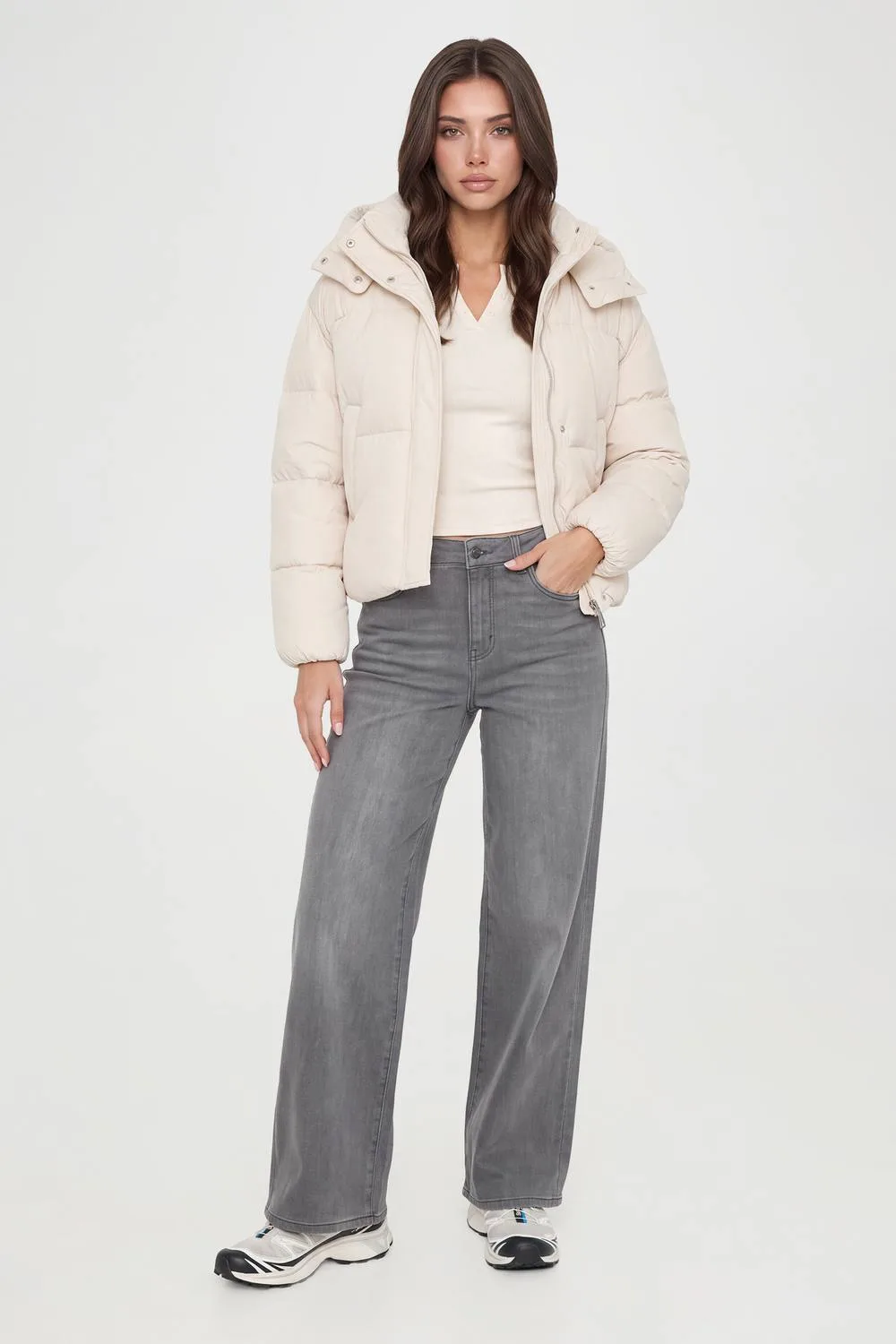 Hooded Puffer Jacket - Stone by boohoo