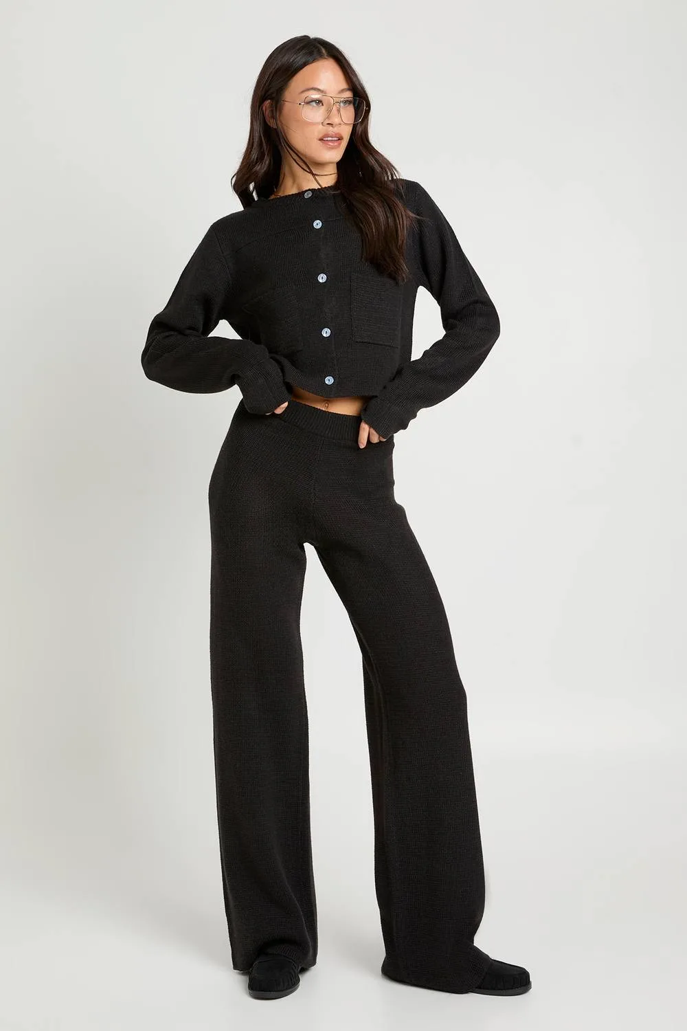 Pocket Detail Crew Neck Knitted Cardigan & Wide Leg Trouser by boohoo