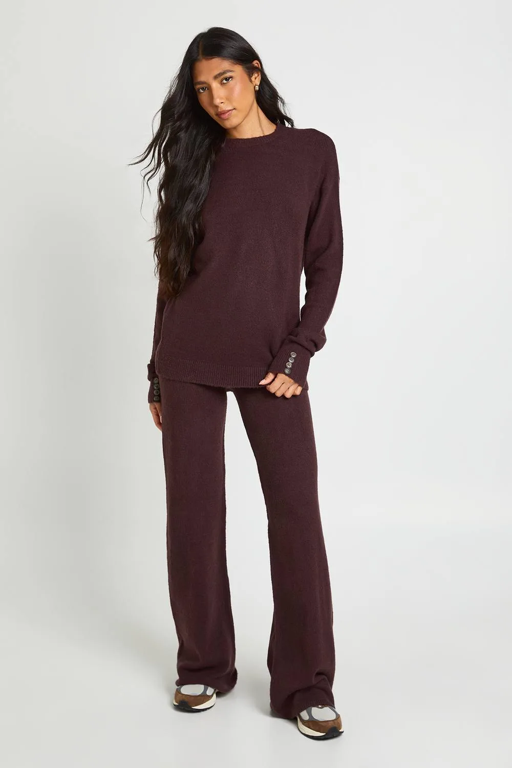 Super Soft Button Cuff Detail Oversized Jumper & Wide Leg Trouser Co-Ord by boohoo