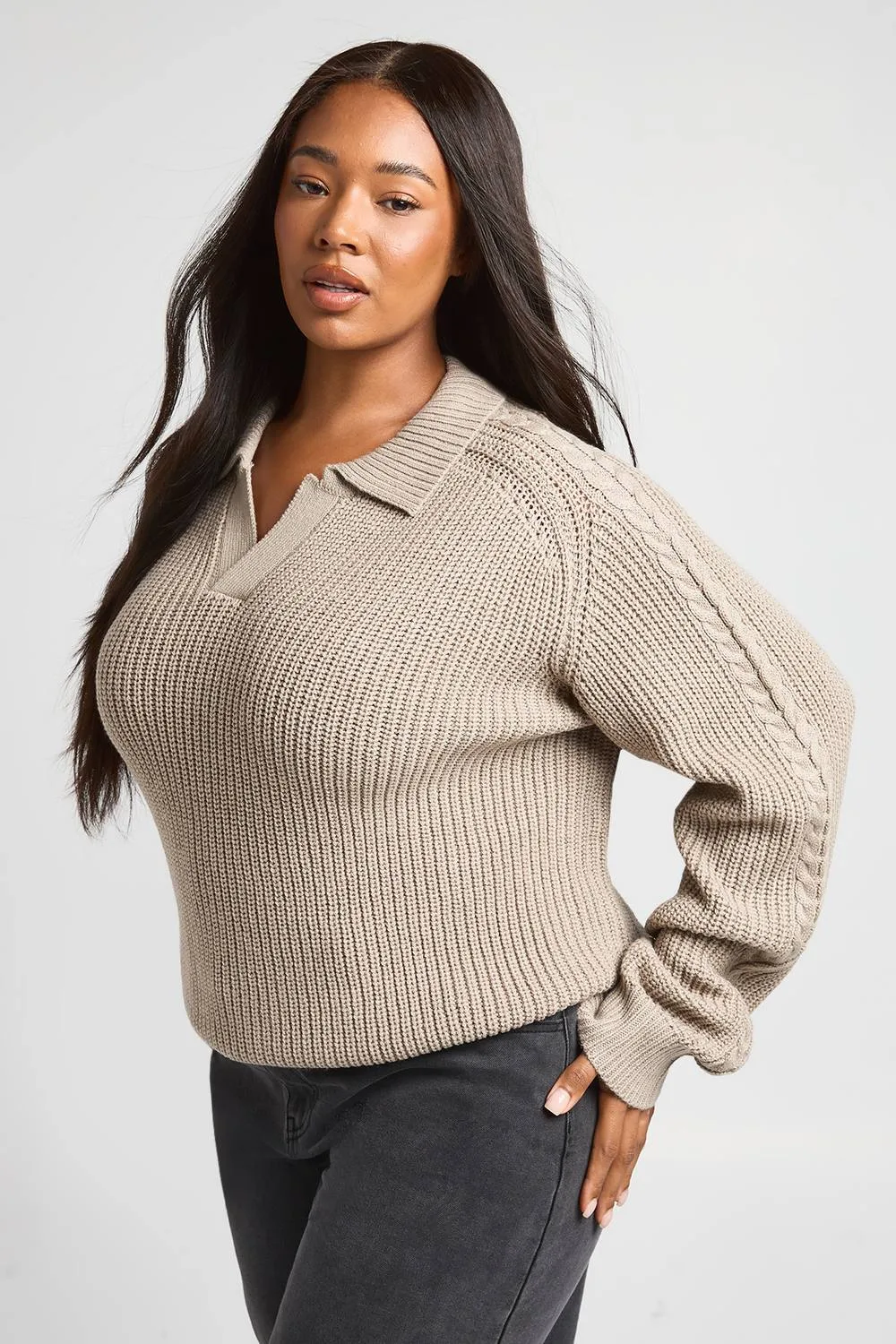 Chunky Knit Collared V Neck Jumper