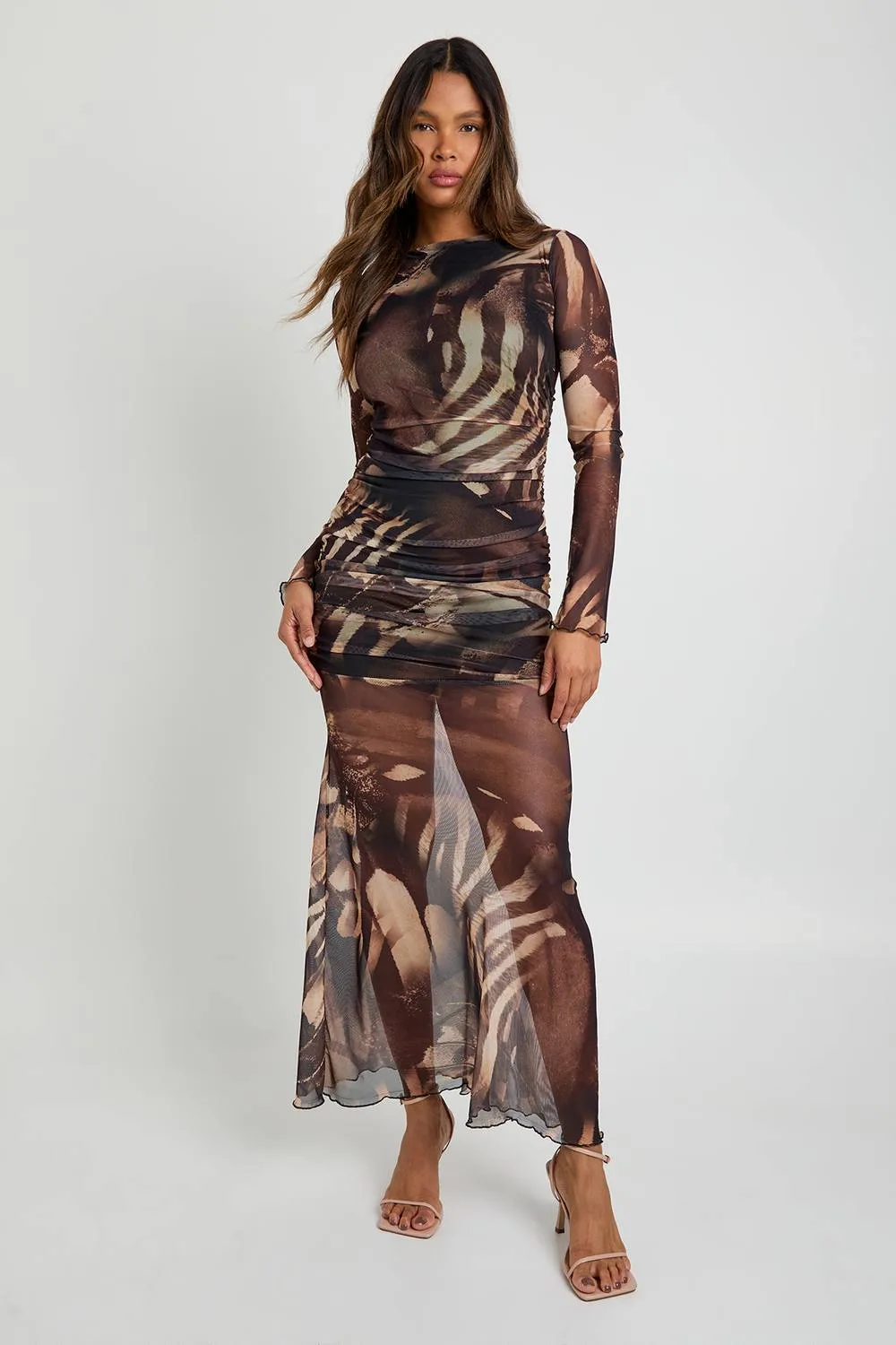 Animal Printed Ruched Mesh Maxi Dress by boohoo