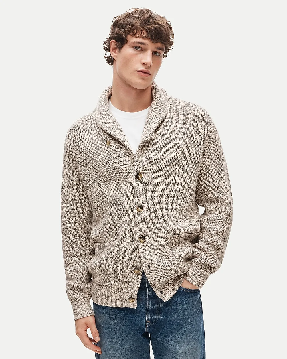 Rib-Knit Shawl-Collar Cardigan in Marled Cotton
