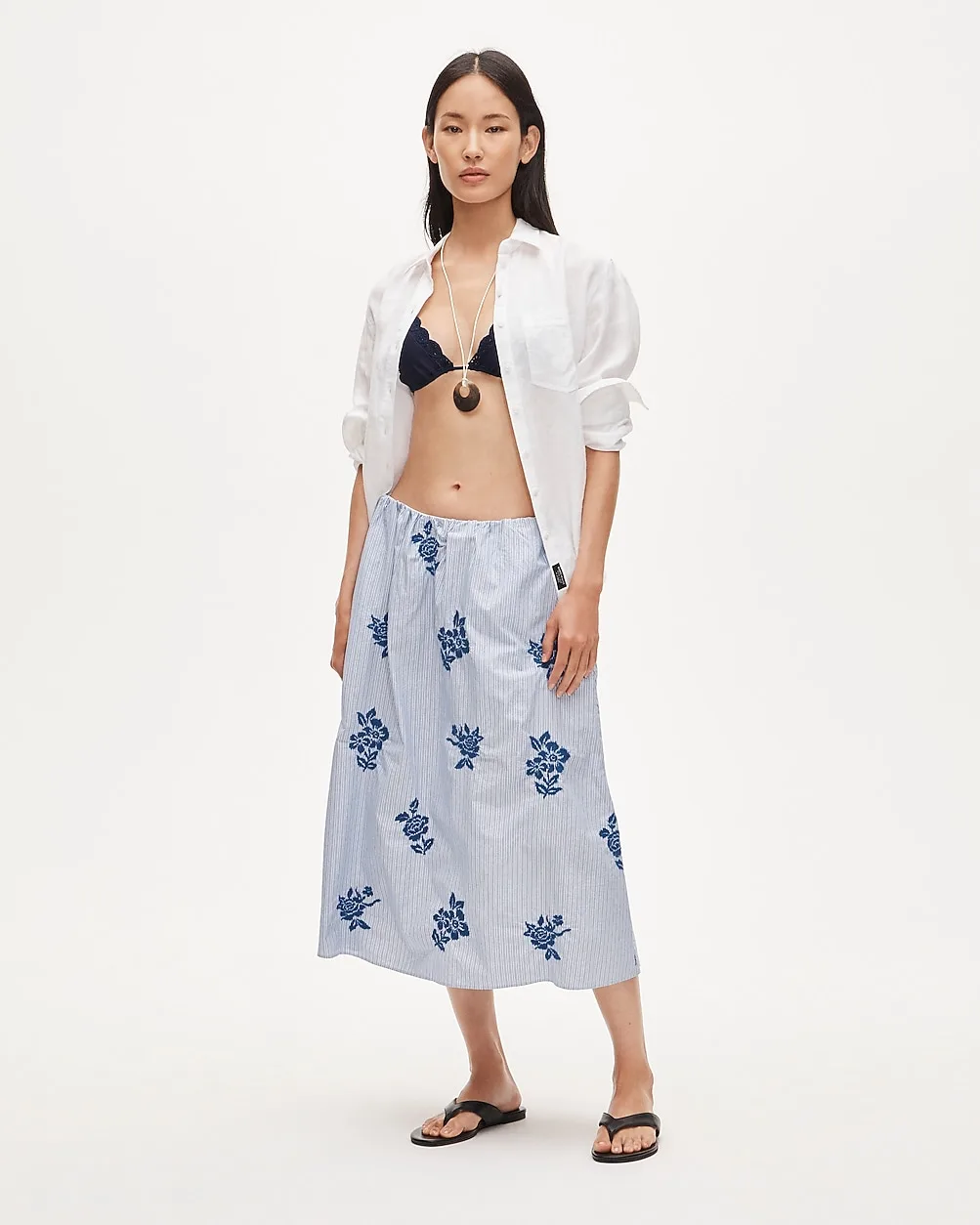 Beckett Midi Skirt in Embroidered Floral Stripe