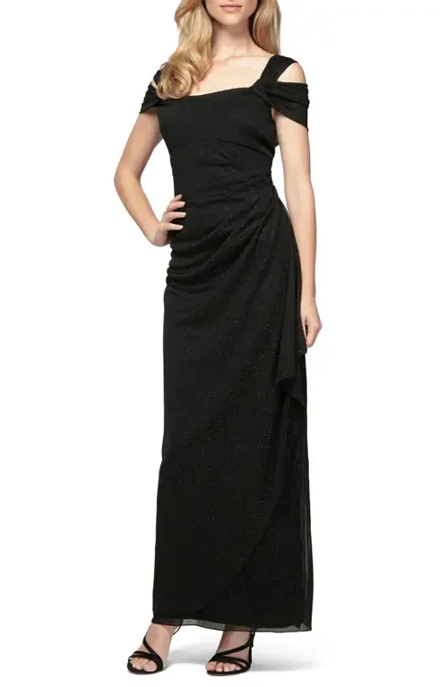 Cold Shoulder Ruffle Glitter Chiffon Gown by Alex Evenings