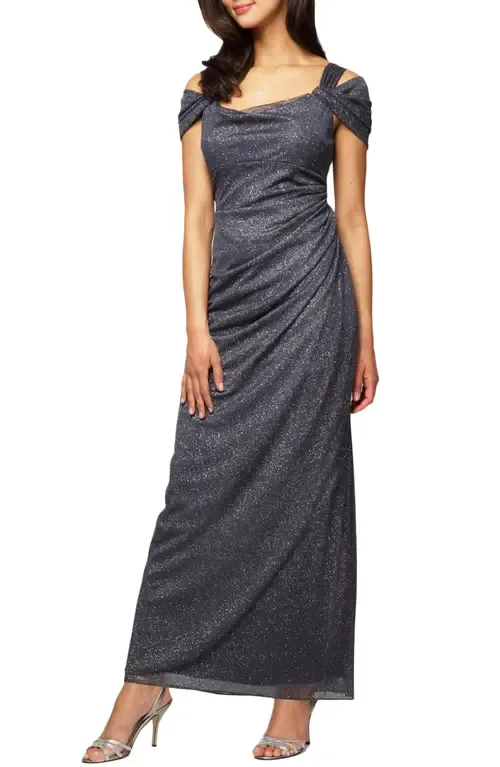 Cold Shoulder Ruffle Glitter Chiffon Gown