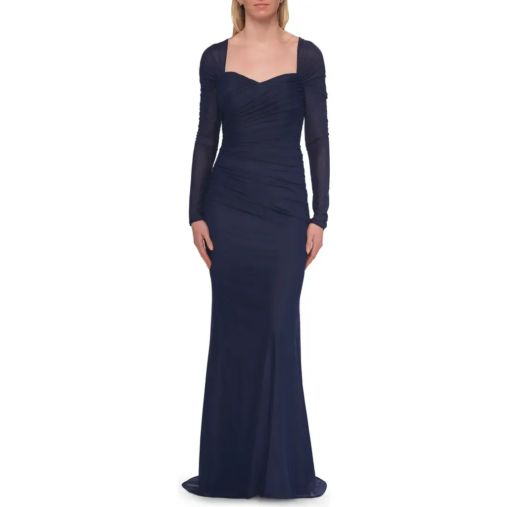 Long Sleeve Net Jersey Gown with Sweetheart Neckline
