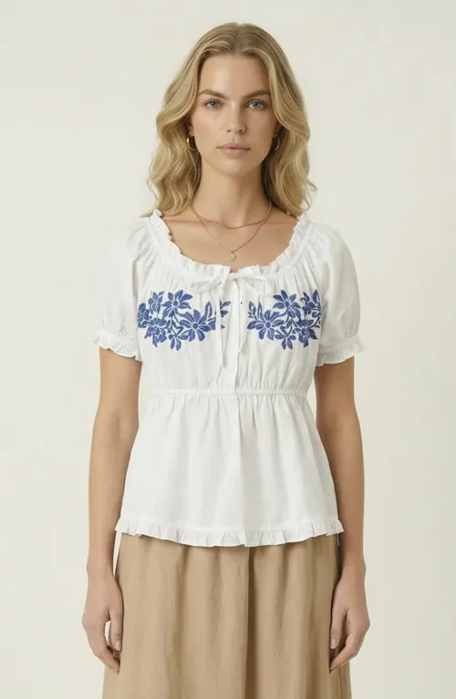 Embroidered Ruffle Trim Peplum Blouse by Modenaire