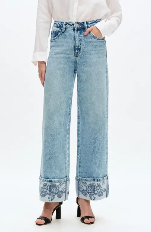 Flora Embroidered High Waist Cuffed Wide Leg Jeans by Bayeas